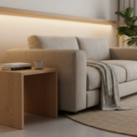 Modern minimalist living room with a beige sofa, wooden side table, and warm ambient lighting. Focus