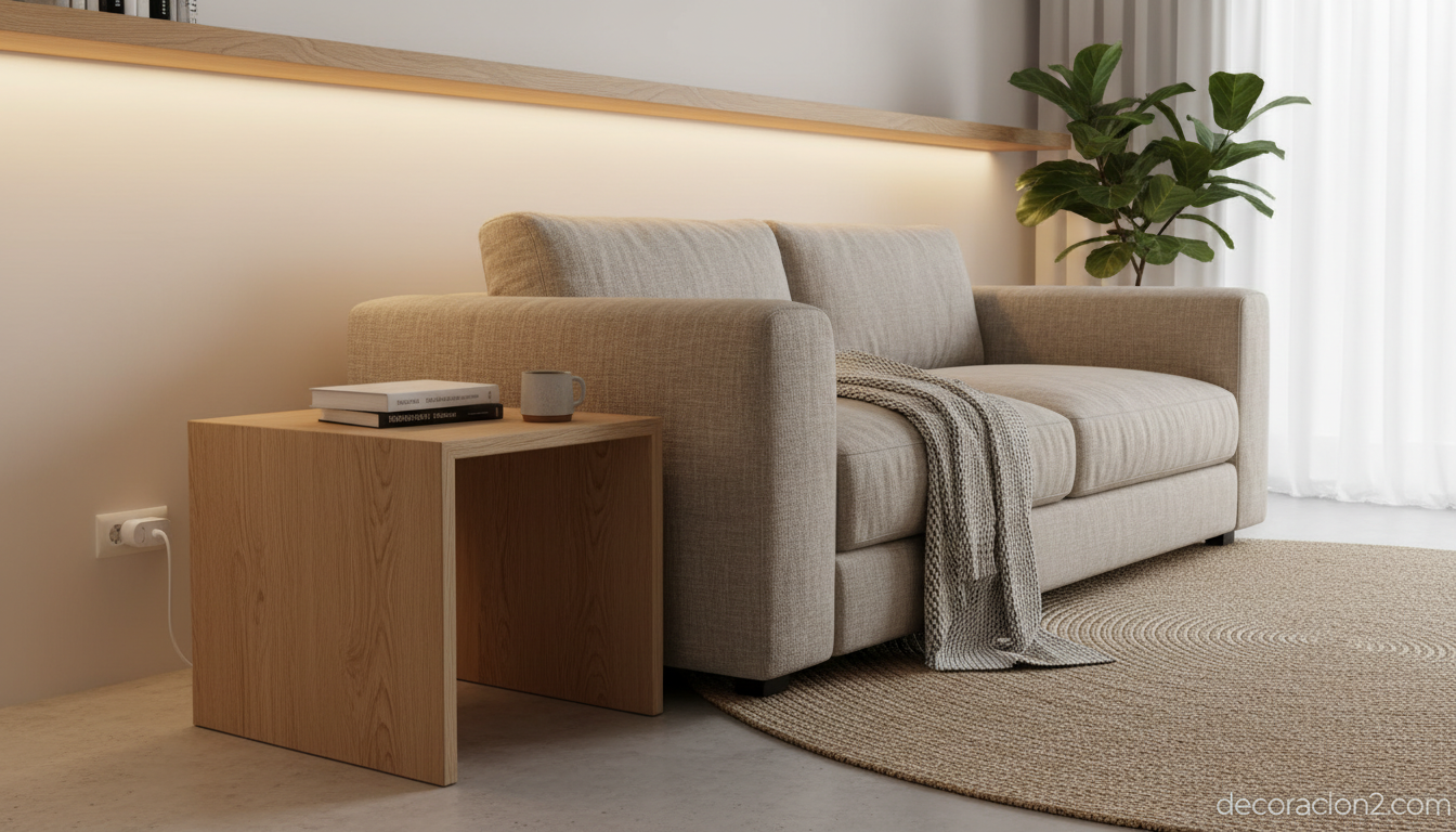 Enchufe extensible giratorio RPixc: orden y carga USB en salón y dormitorio 1 salón moderno sin cables a la vista con enchufe extensible discreto junto al sofá