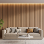 Modern minimalist living room with a full wall covered in natural teak wood slat acoustic panels, ve