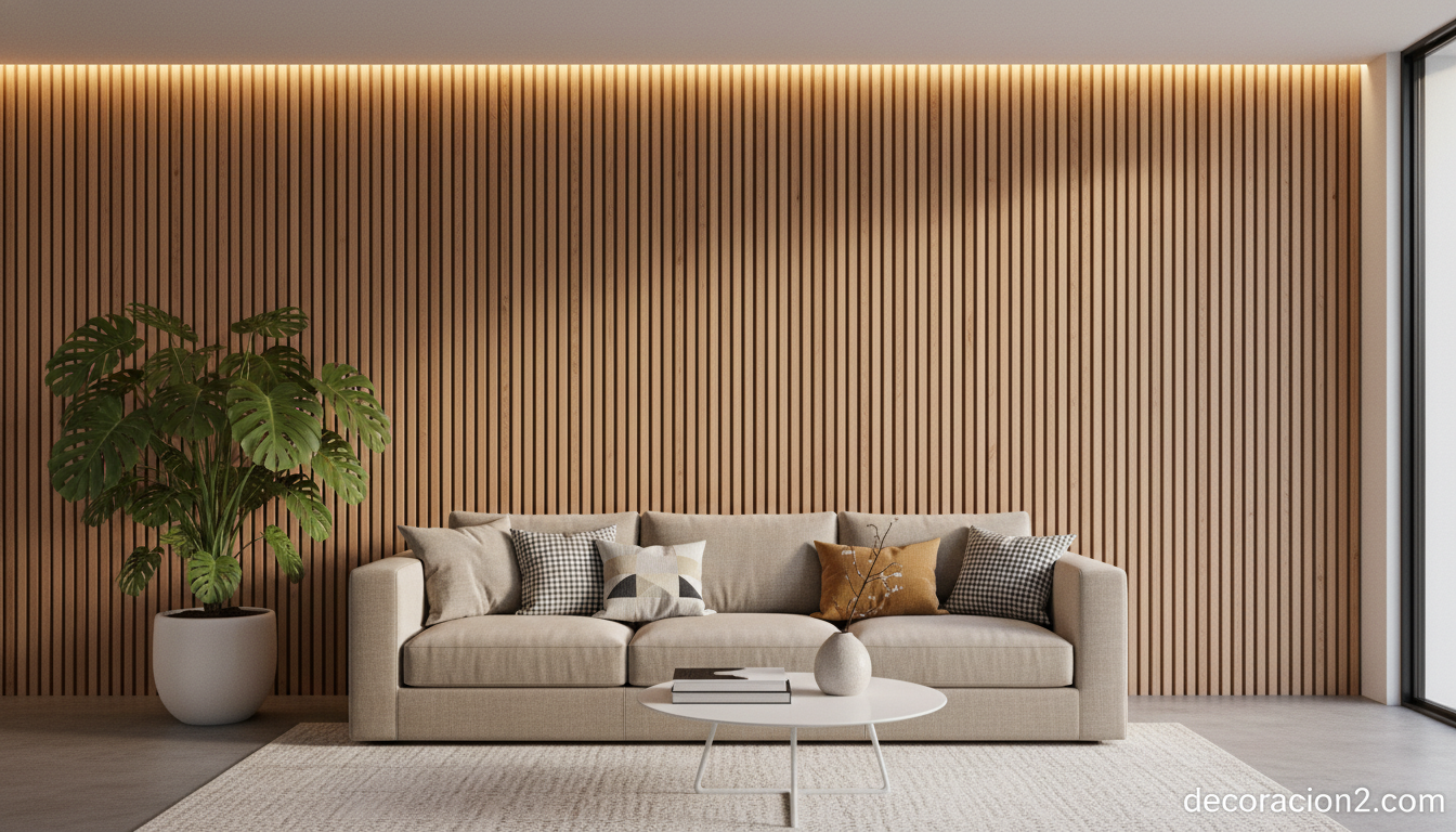 Paneles acústicos de madera TONOR: decoración y aislamiento en un solo paso 1 Salón moderno con paneles acústicos de madera de listones en la pared