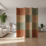 Modern open-concept apartment living room with a tall modular partition screen made of geometric rec