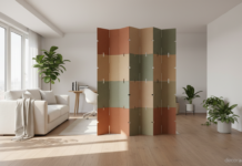 Pared de quita y pon modular separando el salón y la zona de teletrabajo en un loft nórdico