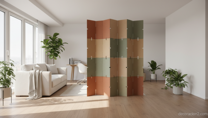 Pared de quita y pon modular separando el salón y la zona de teletrabajo en un loft nórdico