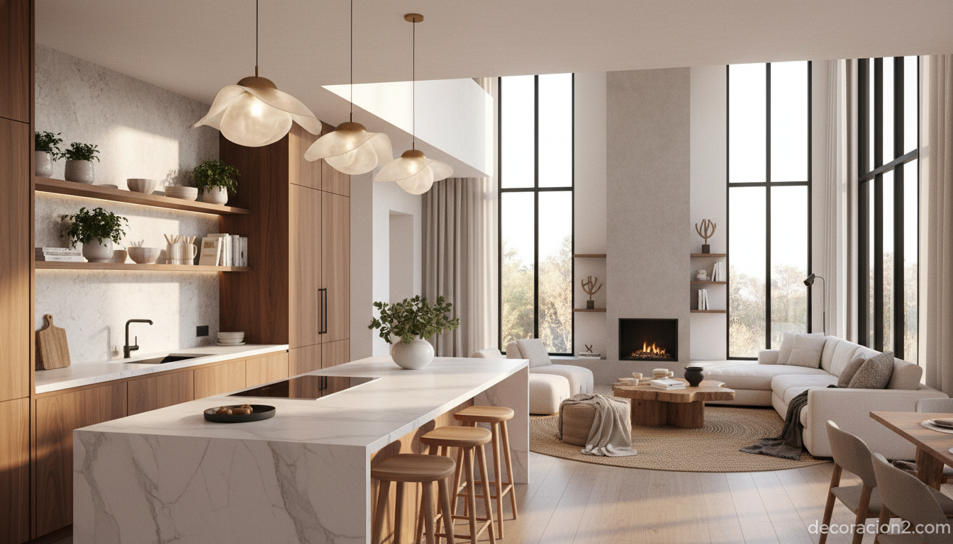 Cocina abierta integrada con salón y materiales nobles