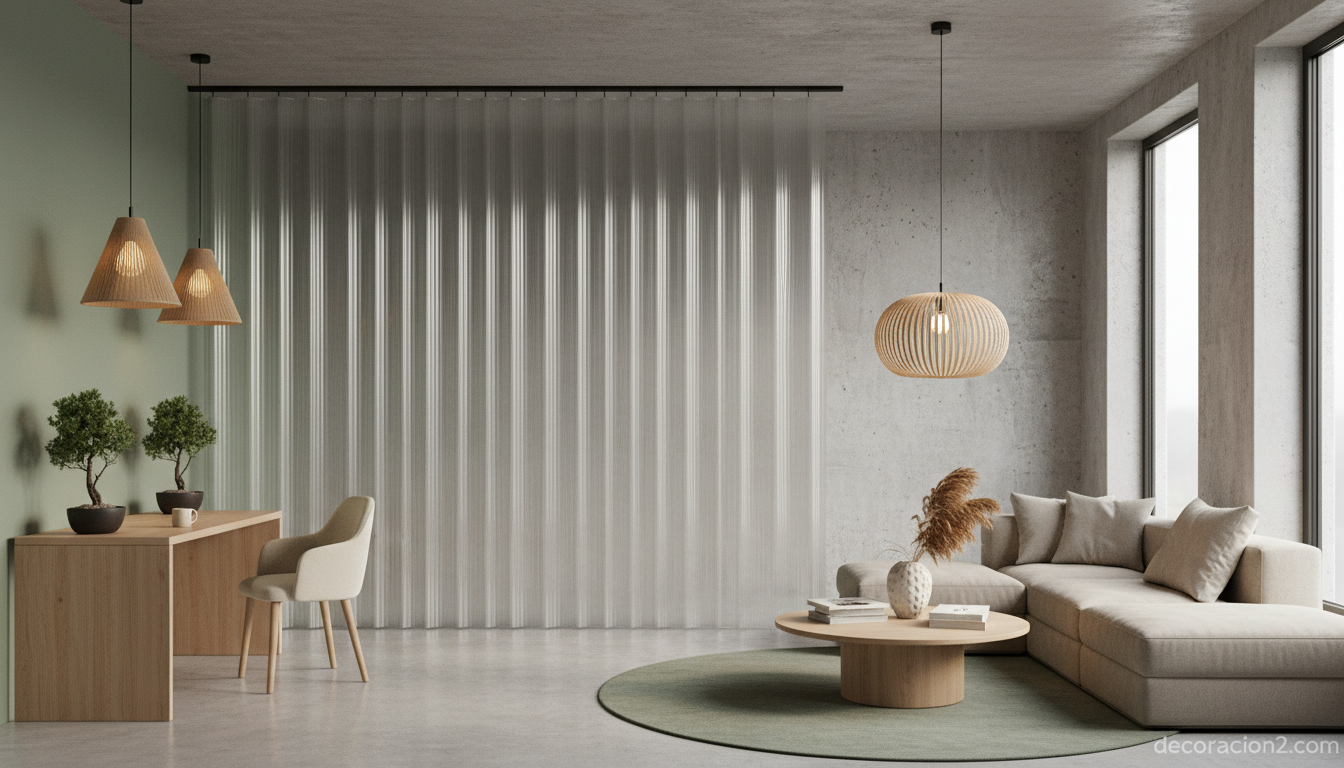 Cortina magnética como separador de ambientes en loft japandi