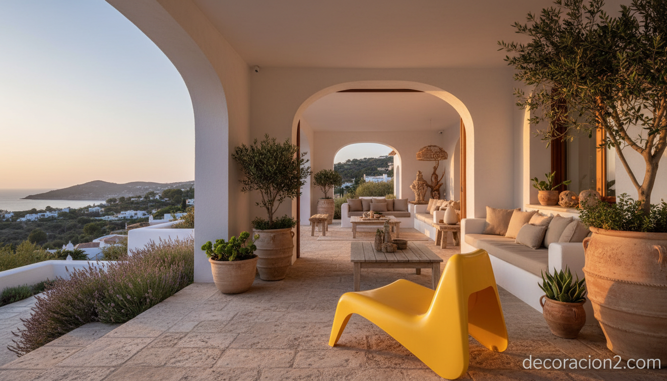 Sillón de diseño amarillo en terraza mediterránea de uso interior y exterior