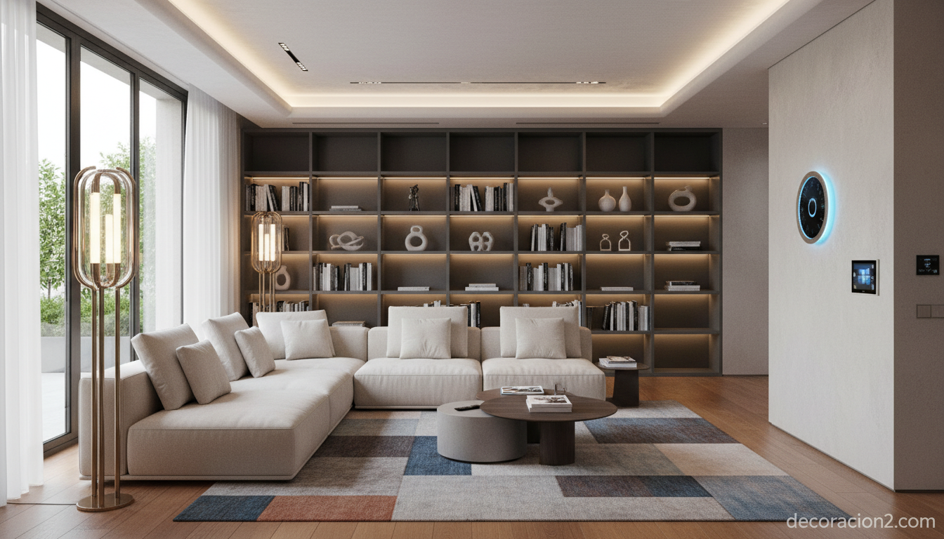 Salón contemporáneo con iluminación de diseño y soluciones de domótica vistas en Casa Pasarela