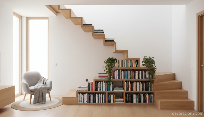 Biblioteca en escalera con baldas integradas en peldaños de madera