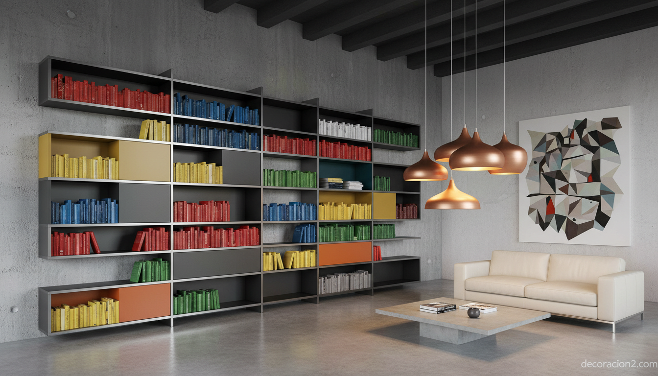 Estantería modular metálica asimétrica en loft industrial