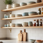 Open kitchen shelves in a bright modern kitchen showing beautifully arranged ceramic dishes, glass j