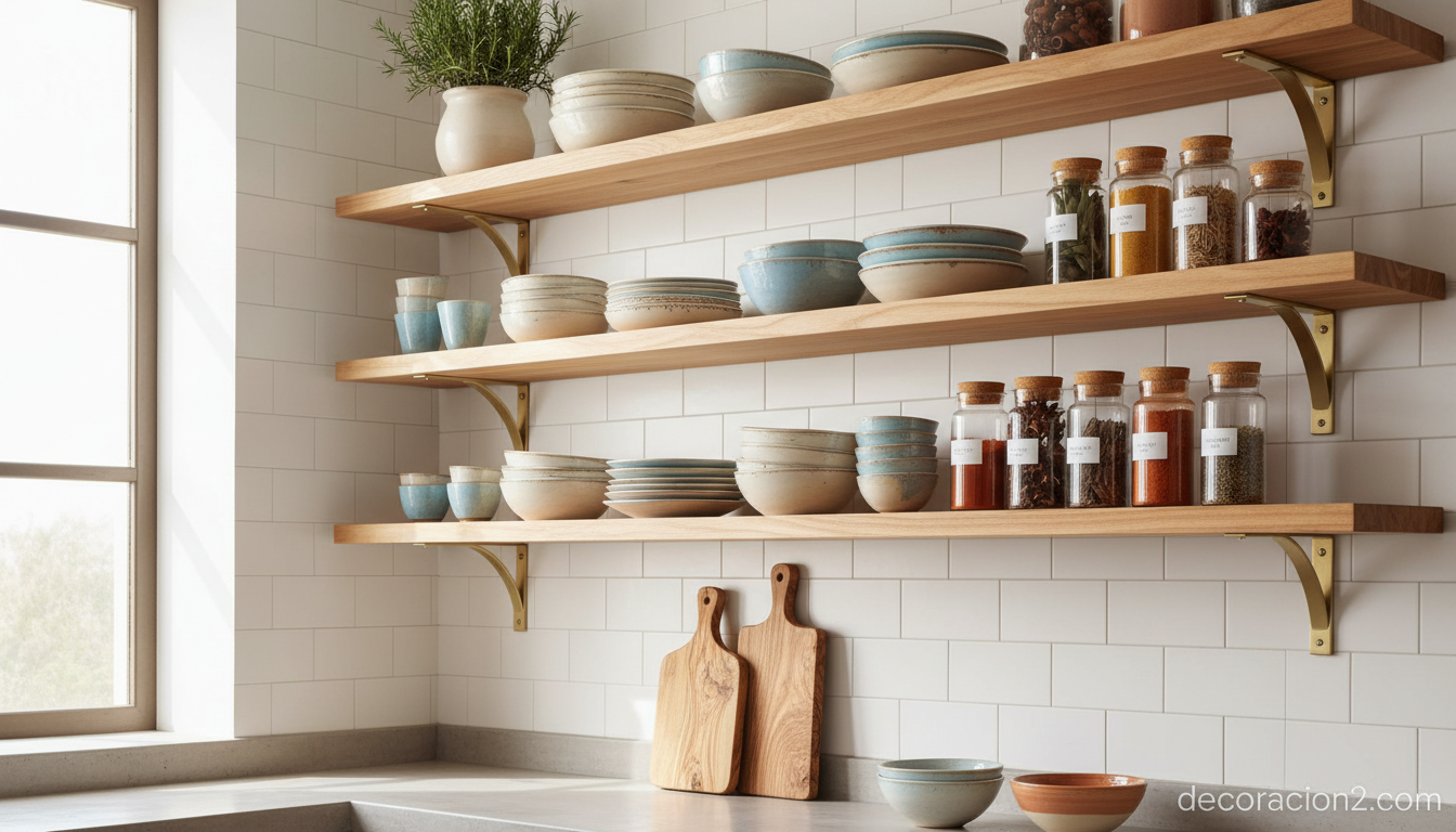 Estanterías abiertas de madera en cocina moderna con vajilla y tarros