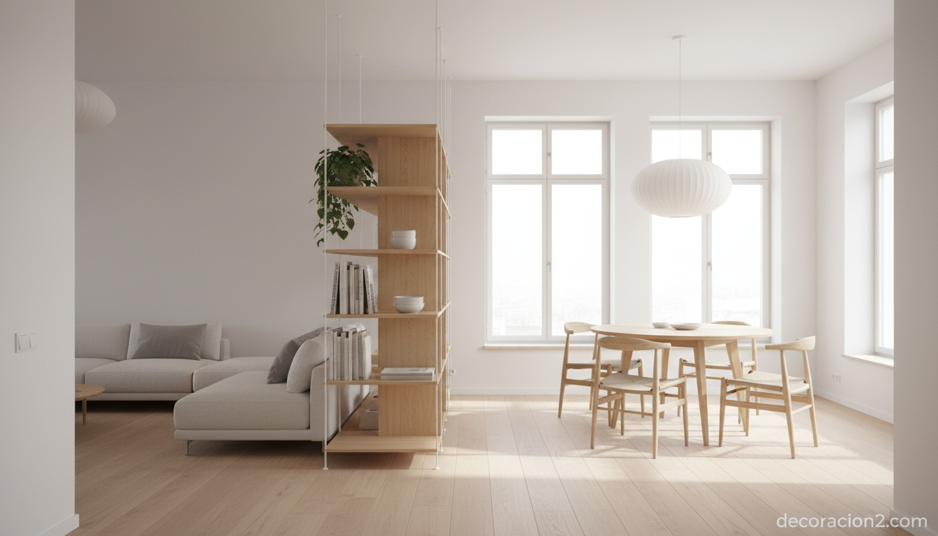 Estantería modular Logia utilizada como separador de ambientes en un loft diáfano