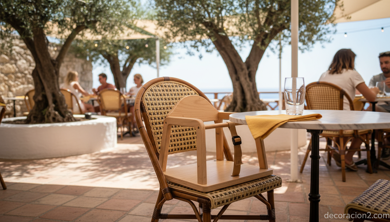 Trona portátil Handysitt instalada en silla bistró en una terraza mediterránea