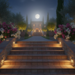 Outdoor staircase in a mediterranean garden at night, each step marked by small glowing rectangular