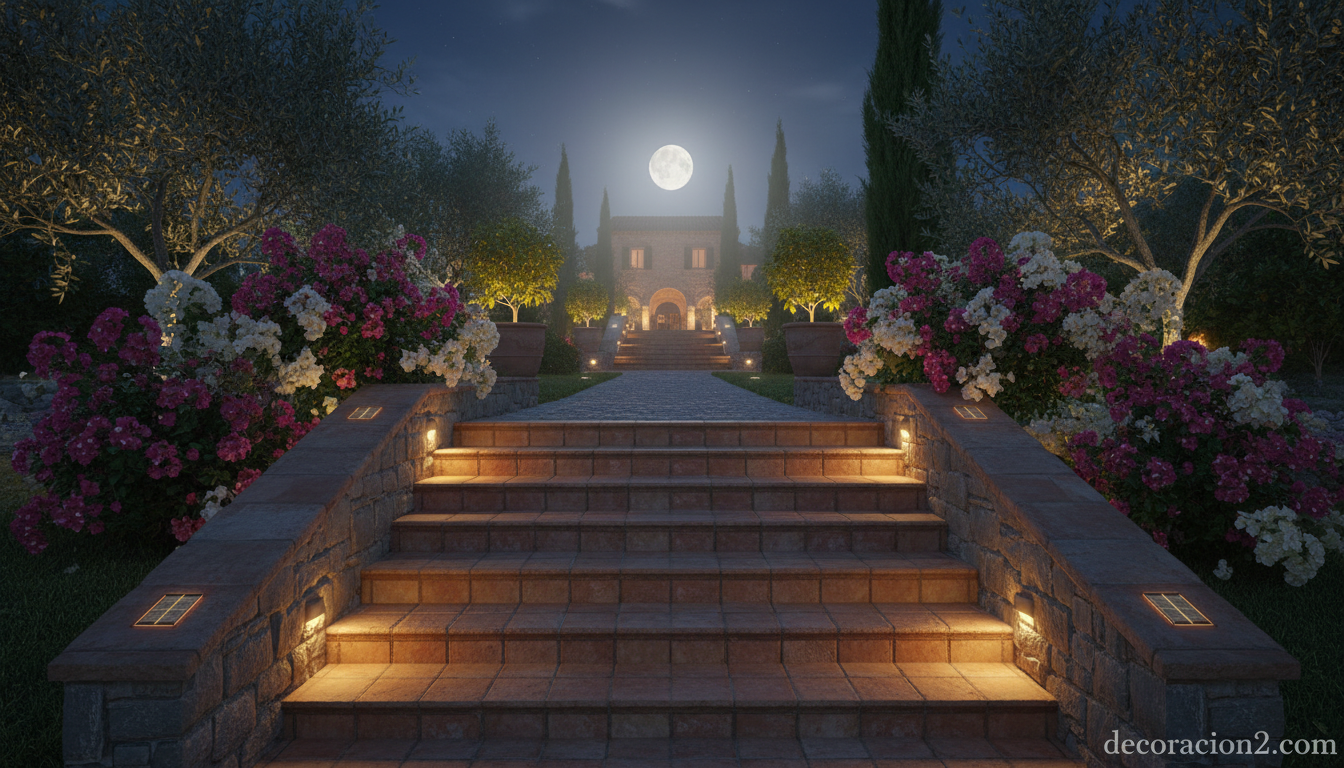 Escalera exterior de jardín mediterráneo iluminada con ladrillos solares