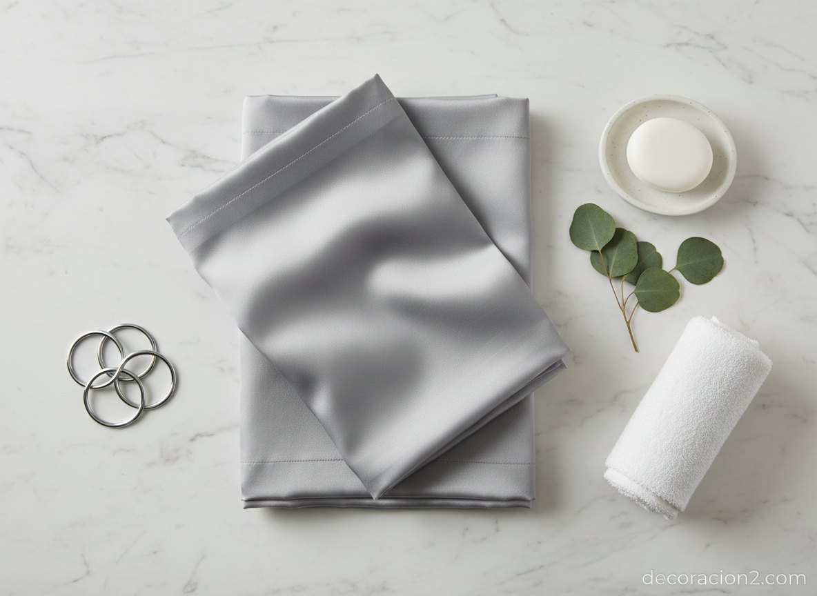 Cortinas de baño elegantes: cómo elegir la que mejor encaja con tu estilo 3 Composición cenital de accesorios de baño con cortina gris perla