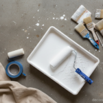 Overhead flat lay of painting supplies neatly arranged: a paint roller in a tray with fresh white pa