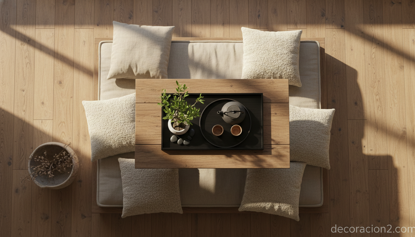 Vista cenital del daybed Lublin utilizado como mesa baja con cojines de suelo y bandeja de té