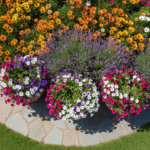 Overhead view of a garden corner with gazanias, African daisies in orange and yellow, lavender bushe