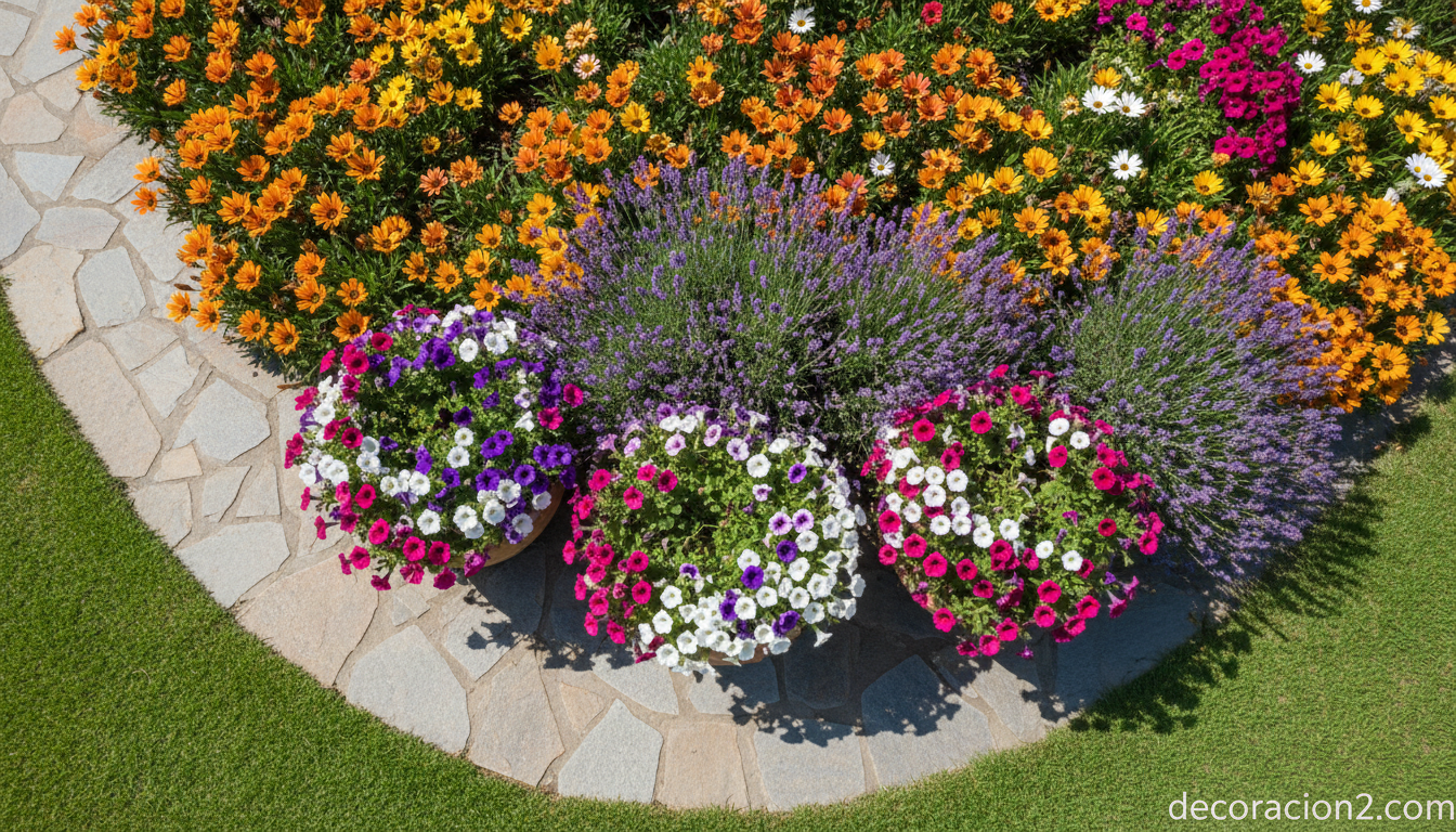 10 plantas de flores para primavera fáciles de cuidar en tu jardín o terraza 2 Vista cenital de jardín con gazanias, margaritas africanas y lavanda