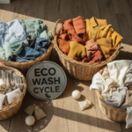 Overhead view of neatly sorted colorful laundry clothes in wicker baskets ready for an eco wash cycl