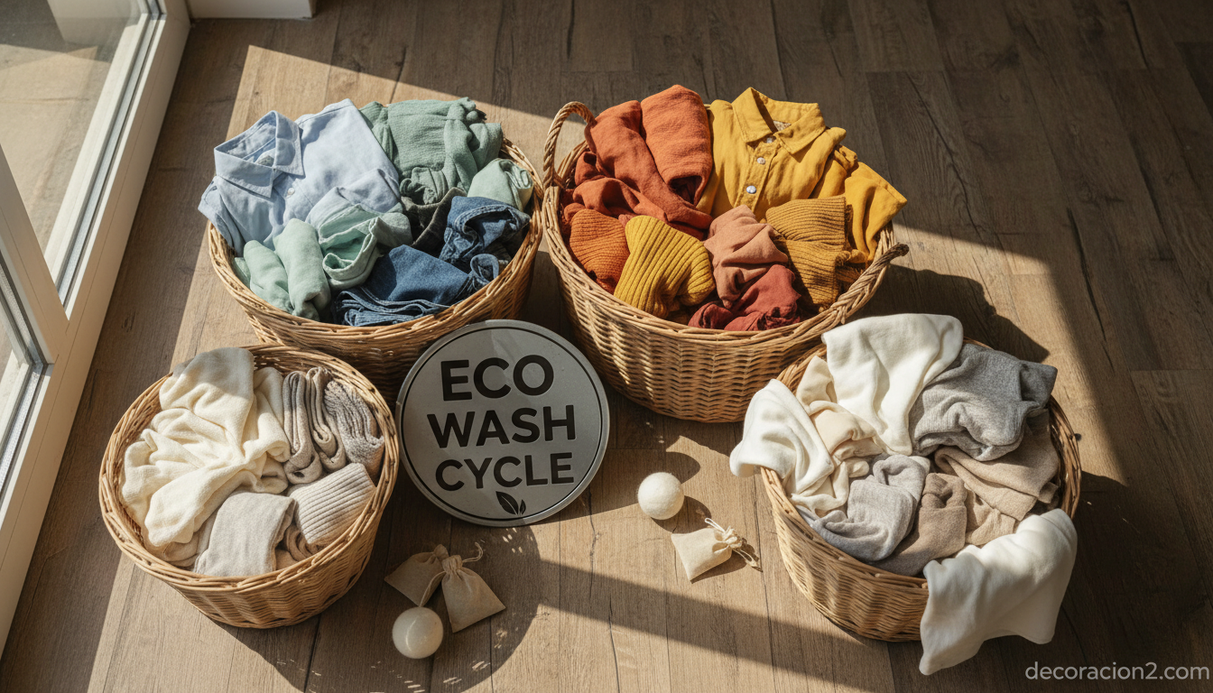 Ropa ordenada en cestos de mimbre lista para un lavado ecológico