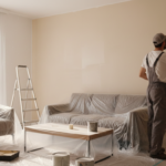 Person painting a living room wall with a medium-sized paint roller, warm beige paint being applied
