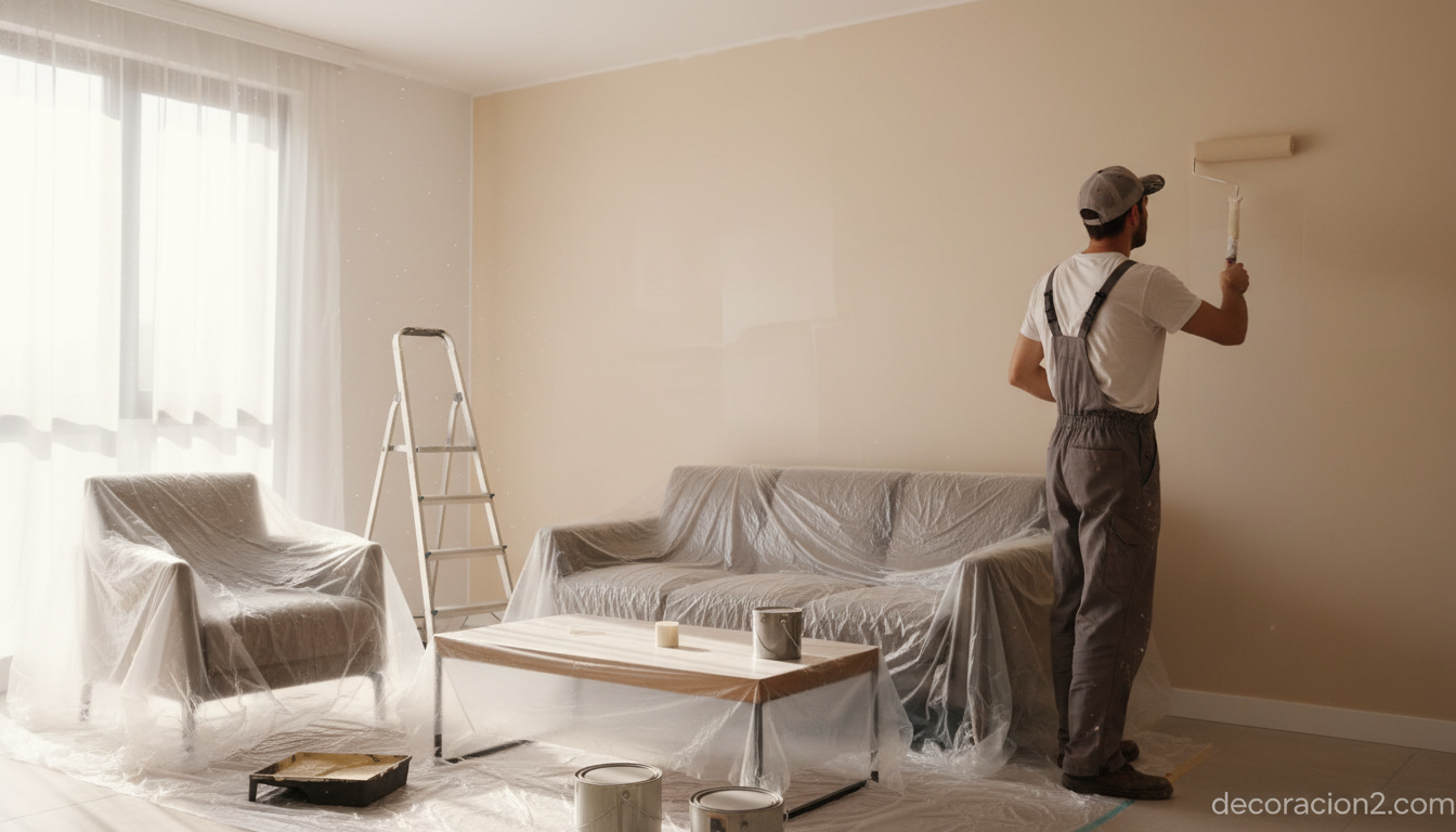 Rodillo de microfibra aplicando pintura beige en pared de salón con acabado uniforme