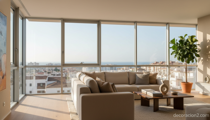 Ventanas de aluminio en salón moderno con vistas a la ciudad