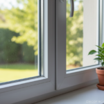 Photorealistic detail shot of a PVC window frame corner with perfectly clean glass and white rubber
