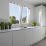Photorealistic interior photograph of a modern kitchen with an aluminum tilt-and-turn window partial