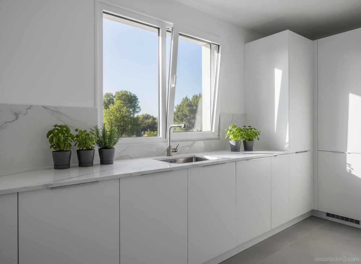 Ventanas de aluminio: ventajas, desventajas y tipos para tu hogar 3 Ventana oscilobatiente de aluminio en cocina moderna