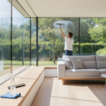 Photorealistic interior photography of a bright modern living room with large floor-to-ceiling windo