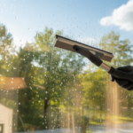 Photorealistic photography of a person’s hand using a professional rubber window squeegee on a large