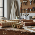 Professional photograph of various paint rollers arranged on a painter’s workbench, different sizes