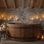 Rustic country-style bathroom interior with a traditional round wooden barrel bathtub made of dark o