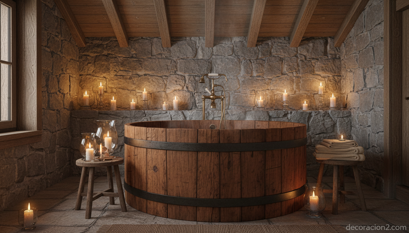 Bañera de madera tipo tonel rústico en un baño de casa de campo