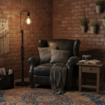 Rustic industrial reading nook scene with a black leather magazine basket next to a vintage leather