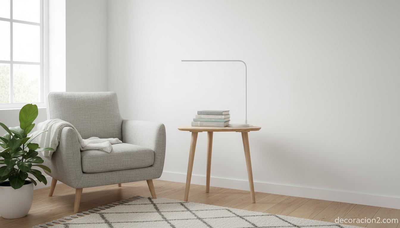 Mesa esquinera estilo nórdico de madera de abedul en dormitorio luminoso