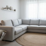 Scandinavian style bright reading corner with a light gray modular sofa, a jute rug, a floor lamp with linen shade, and a …