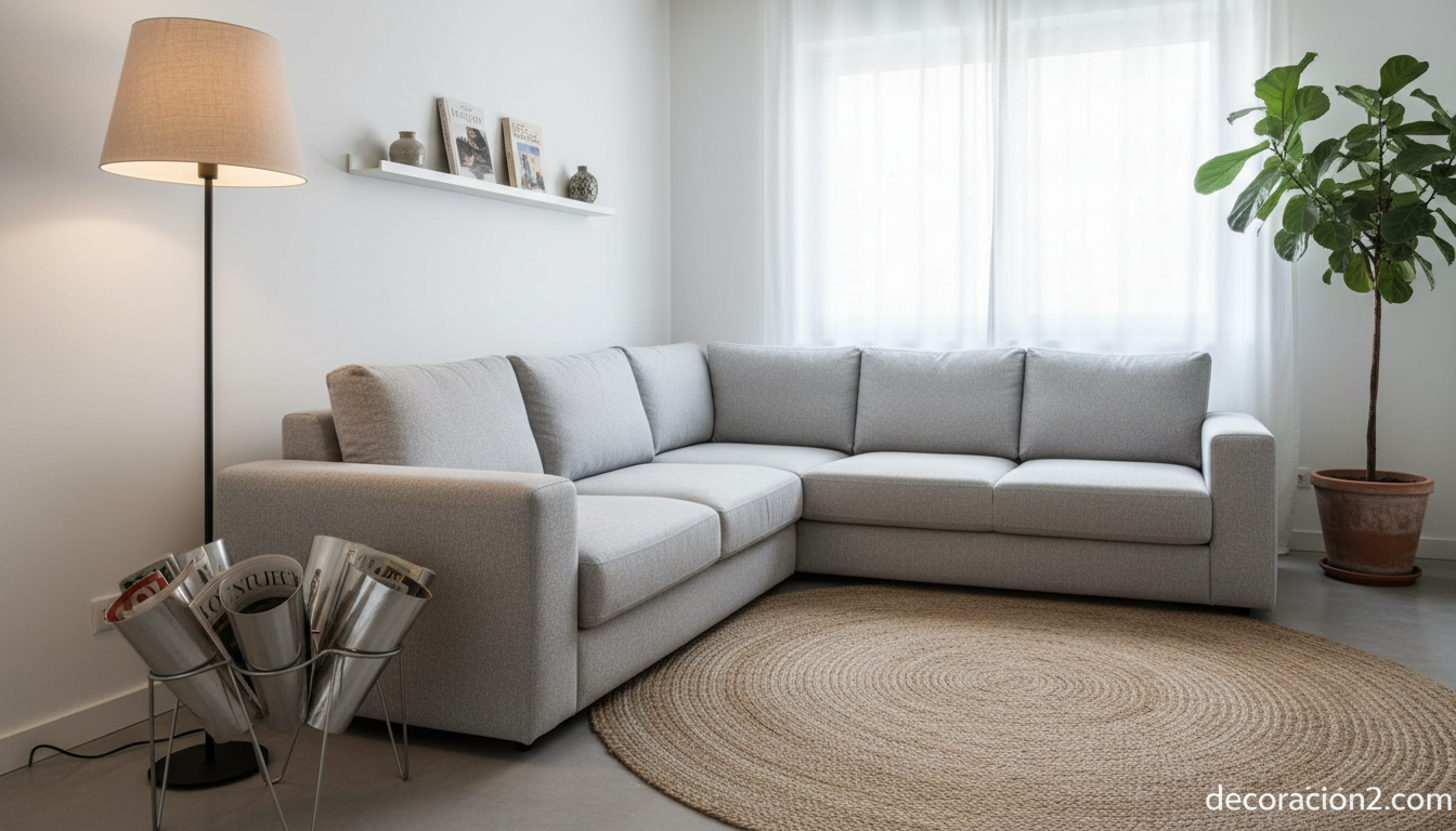 Rincón de lectura nórdico con revistero de diseño moderno