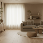 Serene Feng Shui inspired living room with balanced natural elements, warm earth tones, soft natural light streaming throu…