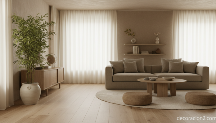 Salón armonizado según el Feng Shui con luz natural y tonos tierra