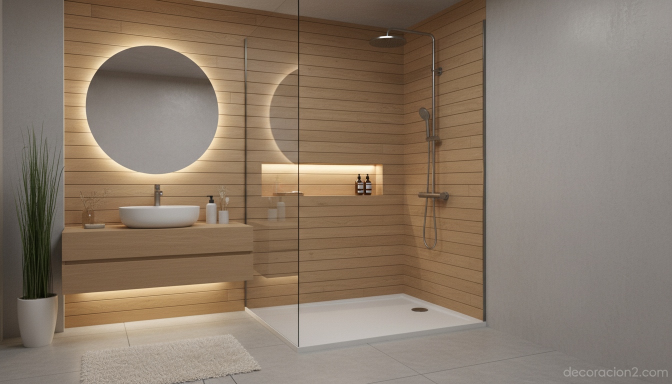 Ducha compacta en baño pequeño con plato a ras de suelo y acabados nórdicos