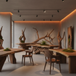 Stunning handcrafted wooden furniture made from fallen trees in a modern gallery setting, organic sc