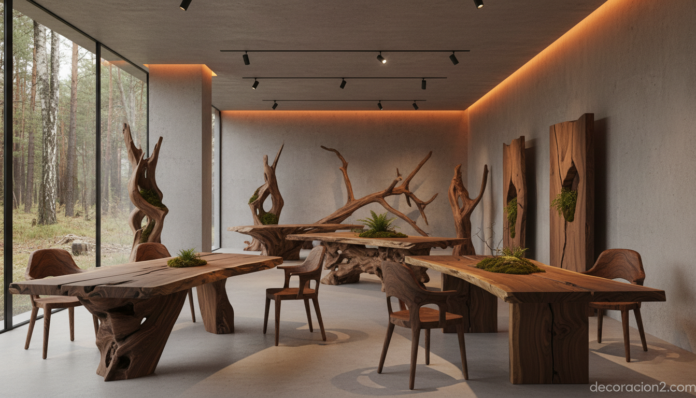 Stunning handcrafted wooden furniture made from fallen trees in a modern gallery setting, organic sc Muebles de madera tallada a mano de Hugo França en un espacio moderno