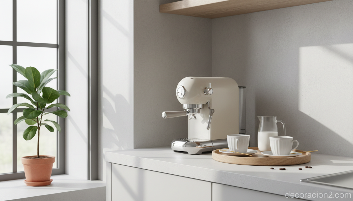 Rincón del café de lujo en cocina minimalista con accesorios elegantes