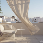 Stylish modern rooftop terrace in a sunlit Mediterranean city apartment, one circular woven outdoor