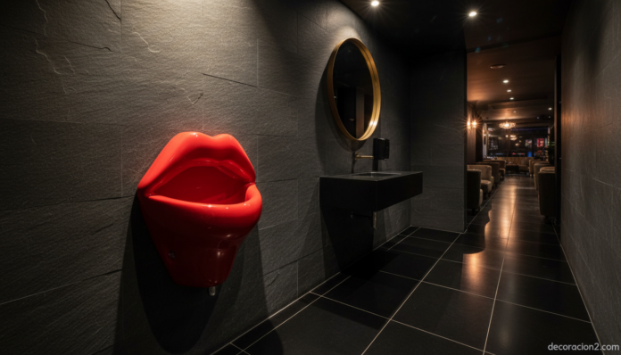 Urinario decorativo rojo de diseño tipo Kisses en baño de discoteca