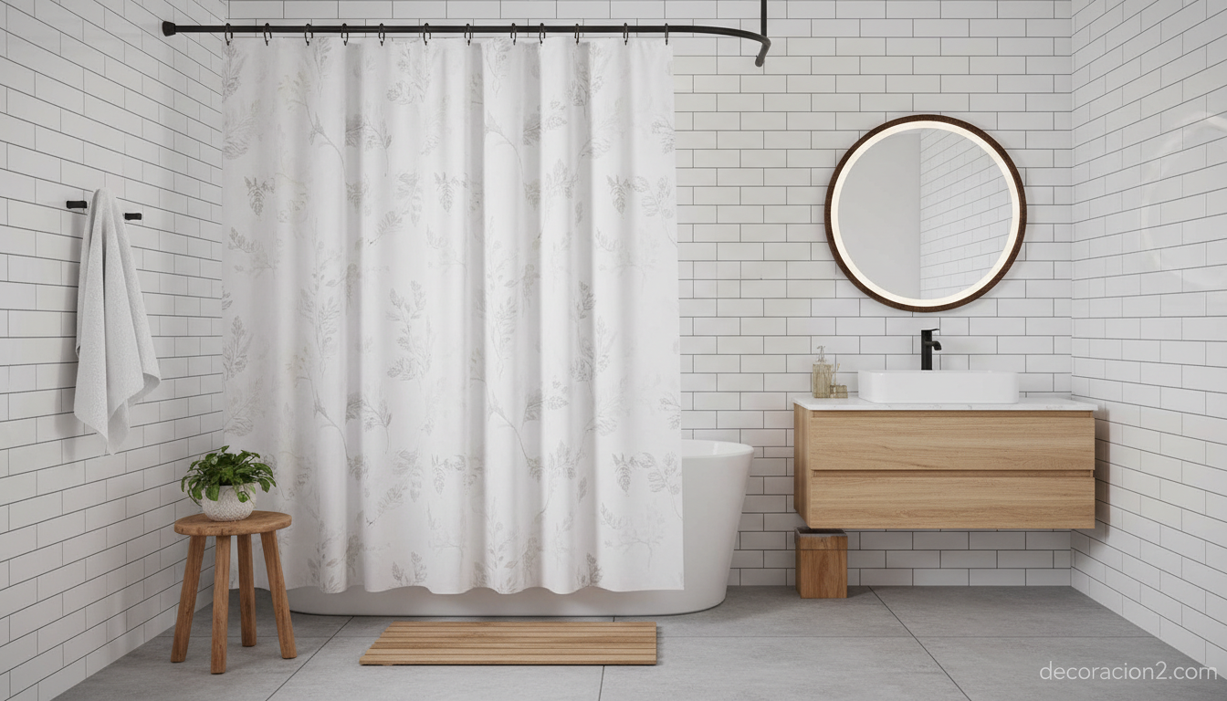 Cortinas de baño elegantes: cómo elegir la que mejor encaja con tu estilo 2 Baño pequeño con cortina de estampado botánico y barra curva negra